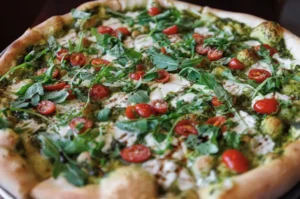 closeup of caprese pizza