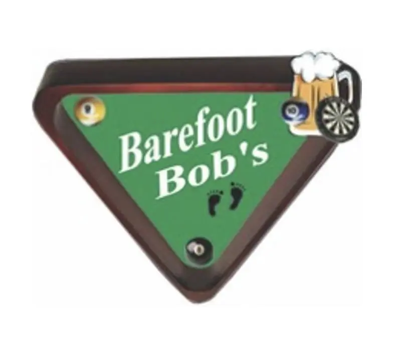 Barefoot Bob's logo, billiard triangle with cartoon mug of beer