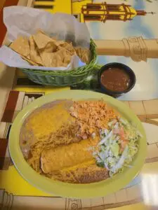 enchilada with rice & beans, and chips & salsa