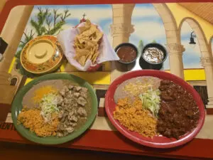 chile verde, chile colorado, rice and beans, tortillas, chips and salsa