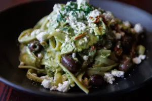 close up of Fettuccine Mediterranean dish