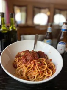 Spaghetti Meatballs in white bowl