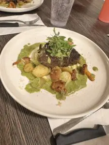 steak plated with potatoes and green sauce