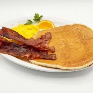 pancake, bacon, and eggs