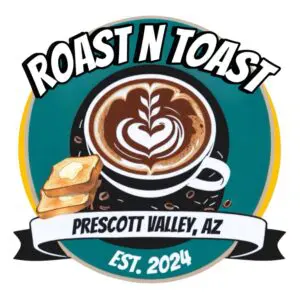 Roast N Toast logo cup of coffee with heart shaped foam and side of buttered toast