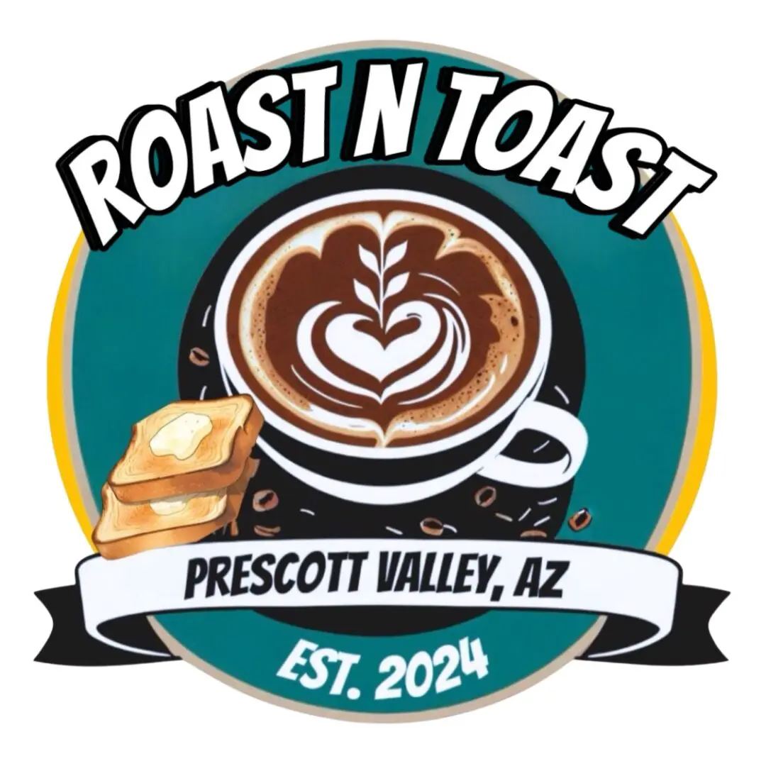 Roast N Toast logo cup of coffee with heart shaped foam and side of buttered toast